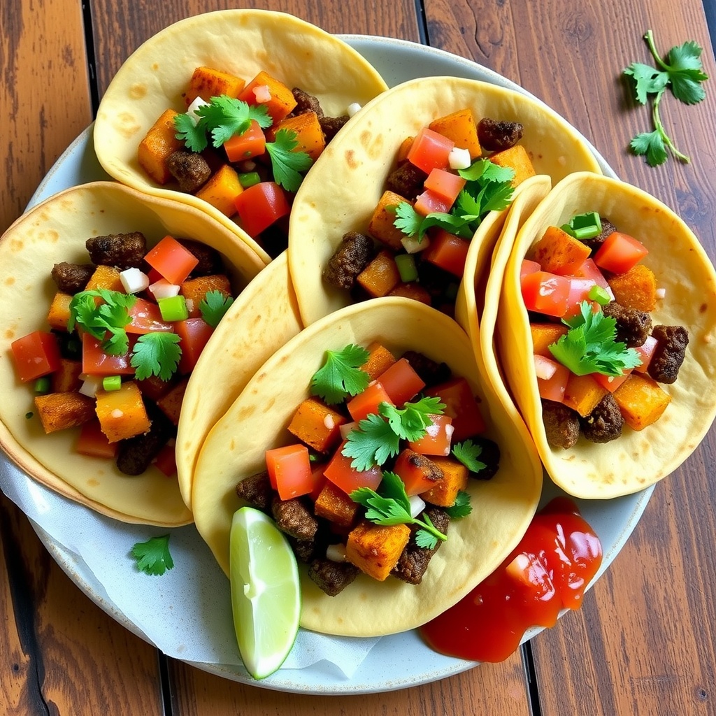Spicy chorizo and potato tacos topped with fresh salsa on a wooden table.